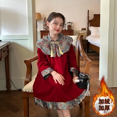 批发女童红色新年连衣裙冬装2025新款洋气儿童国风裙子女孩加绒拜年服