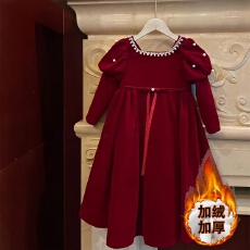 批发女大童年服连衣裙秋冬装2025新款小女孩洋气冬季加绒丝绒红色裙子
