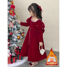 批发女童红色拜年礼服连衣裙2025新款秋冬女宝儿童女孩生日加绒公主裙