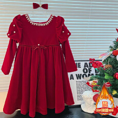 女童红色喜庆连衣裙2025秋冬新款儿童泡泡袖礼服公主裙女孩拜年服