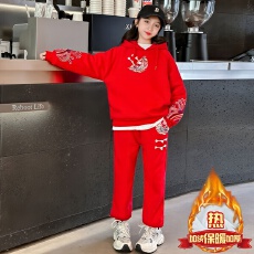 批发女童加绒红色套装2025新款中国风<b class='q'>儿童</b>拜年服新年装加厚卫衣两件套