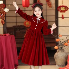 女童丝绒连衣裙2025新款秋冬小女孩洋气公主裙高端长款礼服拜年服