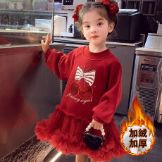 女童加绒连衣裙秋冬款韩版中大童蝴蝶结樱桃网纱时尚休闲公主裙潮
