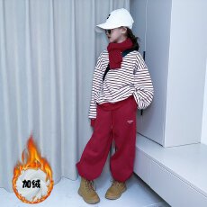 女童加绒休闲套装秋冬季2025新款儿童洋气女孩条纹卫衣卫裤两件套