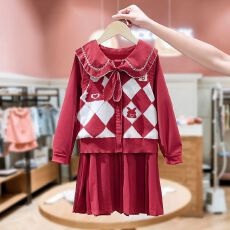 批发<b class='q'>女童</b>针织<b class='q'>套装</b><b class='q'>裙</b>子2025秋冬洋气时髦儿童马甲毛衣红色连衣<b class='q'>裙</b>两件套
