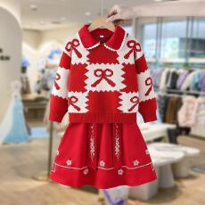 批发<b class='q'>女童</b>秋<b class='q'>冬</b>蝴蝶结连衣<b class='q'>裙</b>套装2025新款洋气儿童女孩红色毛衣两件套潮