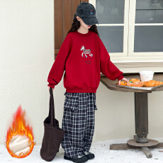 批发女童红色加绒刺绣卫衣冬季2026款女孩加厚上衣一体绒本命马年衣服