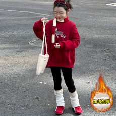 批发女童红色秋冬加绒刺绣卫衣2025年新款洋气圆领小女孩加厚拜年服潮