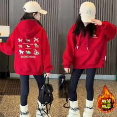 批发女童红色连帽刺绣卫衣秋冬女孩韩版加绒上衣中大童马年喜庆拜年服