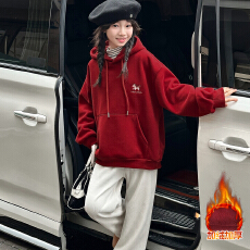 批发女童红色刺绣卫衣加绒秋冬2025新款儿童新年卡通刺绣连帽洋气上衣