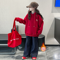 批发女童加绒连帽刺绣卫衣大童红色新年拜年服女孩2026马年本命年衣服