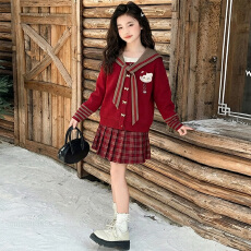 批发<b class='q'>女童</b>毛<b class='q'>衣</b>套装秋冬款2026新款洋气儿童红色加厚拜年服百褶裙两件套