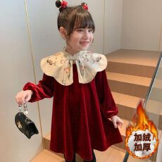 批发女童秋冬加绒连衣裙2026新款<b class='q'>儿童</b>丝绒裙中国风小女孩拜年服新年裙