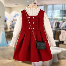 批发过年儿童新中式套装2026女孩新年衣服女童拜年服连衣裙毛衣背带裙
