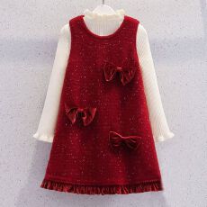 批发<b class='q'>女</b><b class='q'>童</b>冬季连衣裙拜年服洋气新年衣服过年裙子儿童红色蝴蝶结背心裙