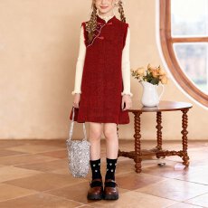 女童秋冬季拜年服套装2026新款国风红色新年洋气保暖连衣裙两件套