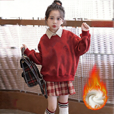 拜年服女童套装秋冬装加绒加厚卫衣中大童红色新年jk百褶裙半身裙