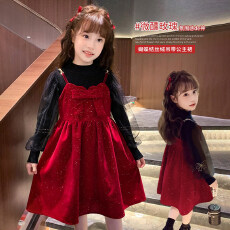 批发女童亮晶晶年服背带裙秋<b class='q'>冬</b>儿童小香风红色裙子过年喜庆加绒公主裙