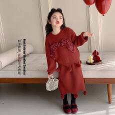 批发<b class='q'>女</b><b class='q'>童</b>红色<b class='q'>毛衣</b>裙子套装秋冬2026新款拜年服圣诞节加厚儿童新年衣服