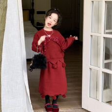 批发<b class='q'>女</b><b class='q'>童</b>红色<b class='q'>毛衣</b>套装2026冬季新款圣诞新年儿童针织衫宝宝年服两件套