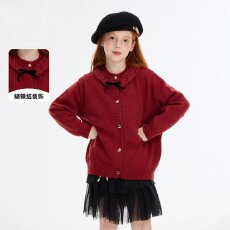 批发女童毛衣秋冬2026新款中大童花边领蝴蝶结开衫洋气女孩针织衫上衣