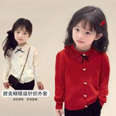 批发女童新年红色针织外套上衣2026秋冬季新款时髦蕾丝花边蝴蝶结毛衣