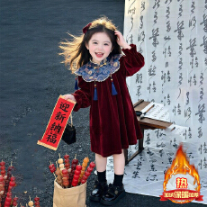 批发新年战袍女童中式红丝绒连衣裙2026秋冬款儿童国风汉服拜年公主裙