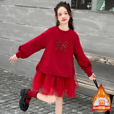 批发女童加绒连衣裙秋冬装2026新款儿童蝴蝶结裙子洋气女孩网纱卫衣裙