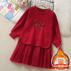 批发女童红色连衣裙冬款洋气儿童亮片蝴蝶结新年装拜年服加绒网纱裙子