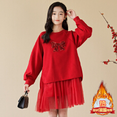 批发女童红色连衣裙冬款2026儿童亮片蝴蝶结新年装拜年服加绒网纱裙子