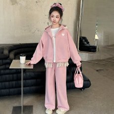 批发女童<b class='q'>外套套</b><b class='q'>装</b>秋季新款韩版儿童爱心连帽蕾丝拉链衫阔腿<b class='q'>裤</b><b class='q'>两件套</b>潮