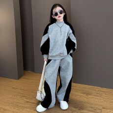 批发<b class='q'>女</b><b class='q'>童</b>卫衣套装春秋款2026新款<b class='q'>韩版</b>儿童洋气女孩拼色上衣卫裤两件套