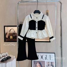 批发女童小香风套装秋季新款儿童洋气女孩时髦假两件上衣喇叭裤两件套