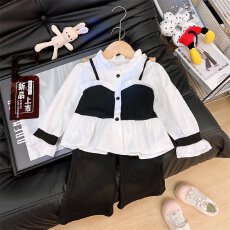 批发<b class='q'>女</b><b class='q'>童</b>小香风套装秋季新款洋气中大童女孩假两件<b class='q'>衬衫</b>喇叭裤两件套潮