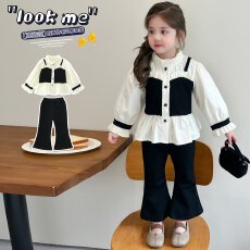 批发<b class='q'>女</b><b class='q'>童</b>小香风套装秋装2026新款儿童时髦女孩拼接<b class='q'>衬衫</b>喇叭裤两件套潮