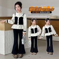 批发女童小香风套装秋装新款洋气女孩时髦儿童假两件上衣喇叭袖两件套