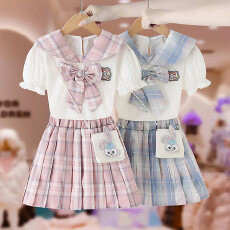 批发女童套装夏季2026新款网红洋气学院风<b class='q'>儿童</b>百褶裙短袖时髦JK两件套