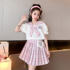 批发女童学院风套装裙夏季<b class='q'>儿童</b>新款时尚蝴蝶结短袖jk制服百褶裙两件套