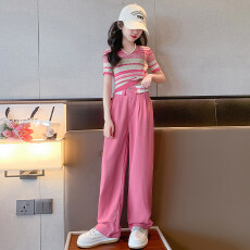 批发女大<b class='q'>童</b>套装夏2026新款洋气女孩冰丝短袖网红爆款抖抖裤阔腿两件套