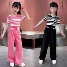 批发女<b class='q'>童</b><b class='q'>条纹</b>短款<b class='q'>套装</b>2026夏季女孩中大儿<b class='q'>童</b>装时髦洋气阔腿裤两件套潮