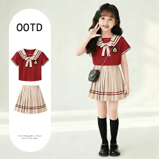 批发女<b class='q'>童</b><b class='q'>学院风</b><b class='q'>套</b>装夏季新款儿<b class='q'>童</b>校服红色蝴蝶结领带短袖百褶<b class='q'>裙</b>两件套