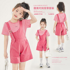 批发女<b class='q'>童</b><b class='q'>背带</b>套装<b class='q'>夏装</b>2026夏季<b class='q'>童</b>装儿<b class='q'>童</b>洋气短袖小女孩T恤裤子两件套