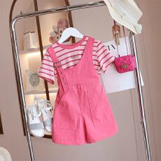 批发<b class='q'>女</b><b class='q'>童</b>短袖<b class='q'>背心</b>背带裤儿童夏日多巴胺风格穿搭中大童女孩短裤两件套