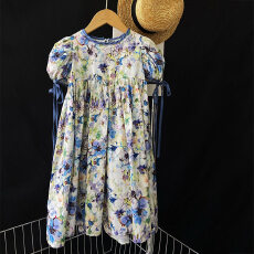 批发女童连衣裙夏季<b class='q'>韩版</b>女孩时尚短袖公主裙儿童中大童洋气露背碎花裙