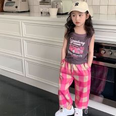 批发女童套装夏季2026新款童装韩版无袖上衣洋气格子裤儿童薄款两件套