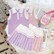 批发女童无袖套装2025新款夏装洋气时髦儿童背心百褶裙休闲运动两件套