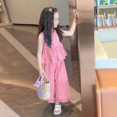 批发女童夏季套装2026新款中大<b class='q'>儿童</b>洋气格纹无袖阔腿<b class='q'>裤</b><b class='q'>两件套</b>女孩时髦