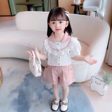 批发女童花边套装夏装<b class='q'>薄</b>款2026夏季新款小童韩版时尚短袖短裤两件套潮