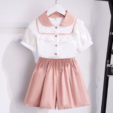 批发<b class='q'>女</b><b class='q'>童</b><b class='q'>套装</b>夏季衬衫2026新款洋气夏装时髦女孩蕾丝花边上衣短袖短裤