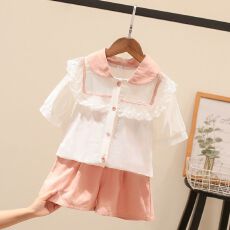 批发<b class='q'>女</b><b class='q'>童</b>夏装<b class='q'>套装</b>洋气儿童校园风短袖衬衫休闲短裤小女孩<b class='q'>童装</b>两件套潮